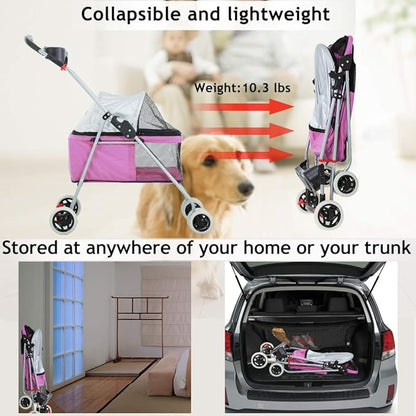 4 Wheels Pet Stroller,Dog Cage Protable Travel Folding Carrier Cart Waterproof Buggy Doggie Dog Stroller Jogger with Cup Holders for Small-Medium Pink