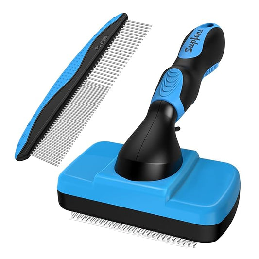 2PCS Self Cleaning Slicker Brush & Dog Comb - Skin Friendly Deshedding Grooming Tool for Dogs, Cats and Small Animals, Professional Deshedding Dematting Tool for Long and Short Haired Pets ((Blue2))