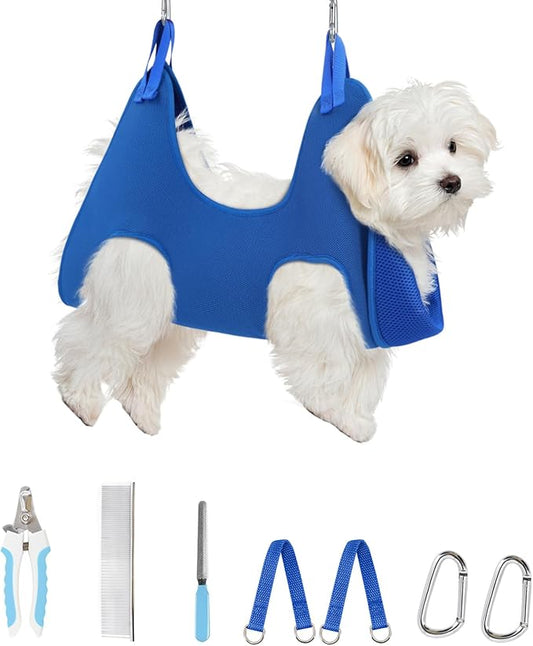 Supet Dog Grooming Hammock Harness for Dogs Cats, Relaxation Pet Nail Clipper Hammock, Restraint Dog & Small Animal Leashes Sling for Groomingk for Nail Trimming (Blue, 2XS)
