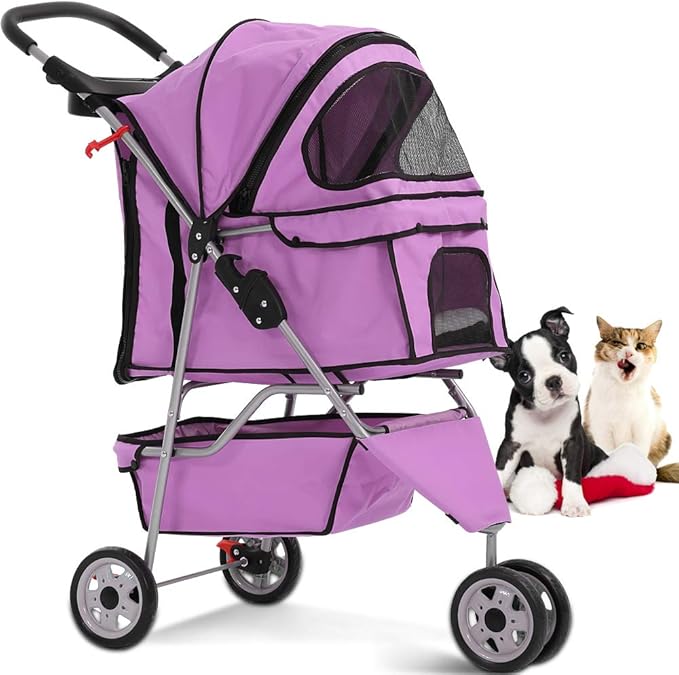 Dkeli 3-Wheel Pet Stroller, Lightweight Foldable Dog Stroller for Small Medium Dogs & Cats, Breathable Mesh & Weather Cover with Storage Basket, for Daily Walk Outdoor Travel (Pink)