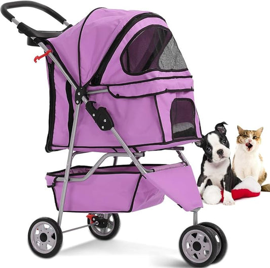 Dkeli 3-Wheel Pet Stroller, Lightweight Foldable Dog Stroller for Small Medium Dogs & Cats, Breathable Mesh & Weather Cover with Storage Basket, for Daily Walk Outdoor Travel (Pink)