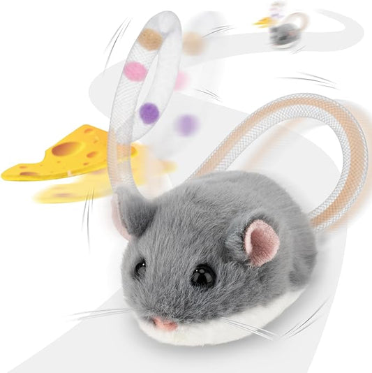 Migipaws Interactive MigiMouse Cat Toy 360° Rolling & Spin with Mesh Plastic Tail for Indoor Cats Smart Motion Sensor, Realistic Squeak, Rechargeable Plush Kitten Toy(Grey)