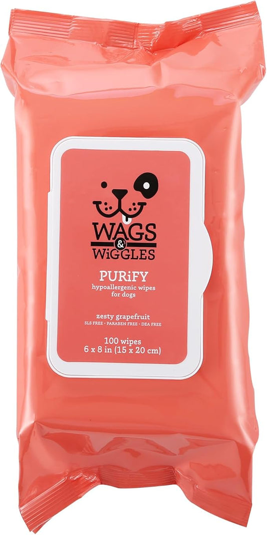 Wags & Wiggles Purify Hypoallergenic Dog Wipes for Sensitive Skin, Paw and Body Grooming Wipes with Gentle Plant Based Formula for Everyday Cleaning, Zesty Grapefruit Scent, 100 Count