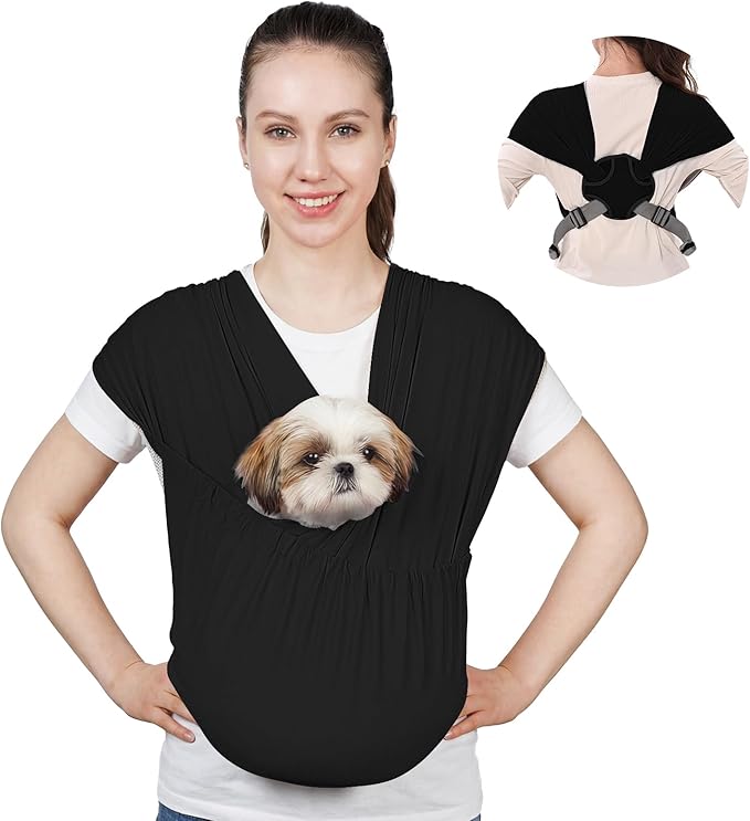 Supet Dog Sling Carrier for Small Pets, Hands Free Cat Sling, Reducing Back Neck Pain Anti-Anxiety Puppy Front, Adjustable Soft Dog Carrying (Black-2, Regular)