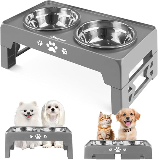 Elevated Dog Bowls for Small Dogs and Cats, Dog Feeder with 2 Thick 5.5" Stainless Steel Dishes, Non-Slip 2 Heights Adjustable to 2.6"-5.3"