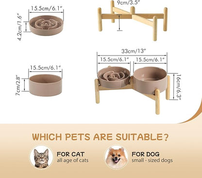 Ceramic 0.9 Cup Raised Slow Feeder Dog Bowl Set, Elevated 6.1inch Water Bowl and 6.1inch Slow Dish with Wooden Stand for Small Dogs(2 x Brown Coffee+ Stand)