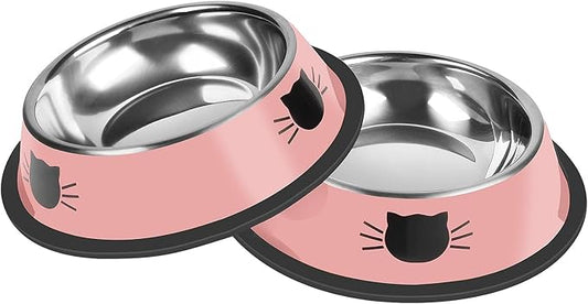 2 Pcs Non-Slip Stainless Steel Small Cat Food Bowls - Unbreakable, Thicken 7 Oz Cat Dishes - Indoor, Removable Rubber Base, Easily Clean, Lovely Color