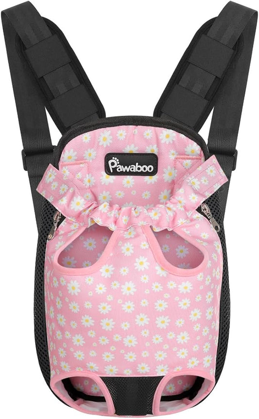 Pawaboo Pet Carrier Backpack, Adjustable Pet Front Cat Dog Carrier Backpack Travel Bag, Legs Out, Easy-Fit for Traveling Hiking for Small Medium Dogs Cats Puppies, Extra Large, Black + Pink Daisy