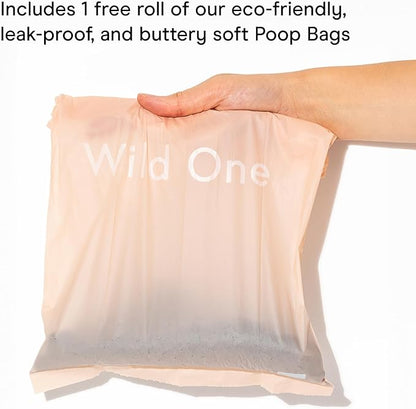 Wild One Dog Poop Bag Holder and Dispenser with Leash Attachment, Leak Proof, Easy Twist Top for Refills, Includes 1 Roll Poop Bags, Navy