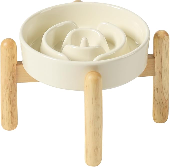 Ceramic 0.9 Cup Raised Dog Slow Feeder Set, Elevated Bowl with Wooden Stand for Small Dog and Cat, 6.1inch Puzzle Slow Dog Food Dish, Anti-Gulping(Beige, Single Bowl+ Stand)