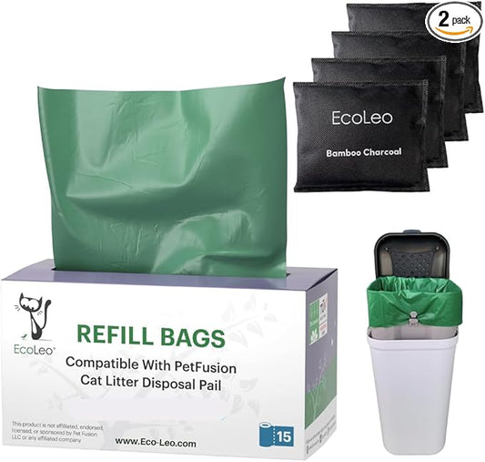 EcoLeo Compatible Liner Bags for Pet Waste Pail, 15 Count, Bamboo Charcoal Deodorizer Bags
