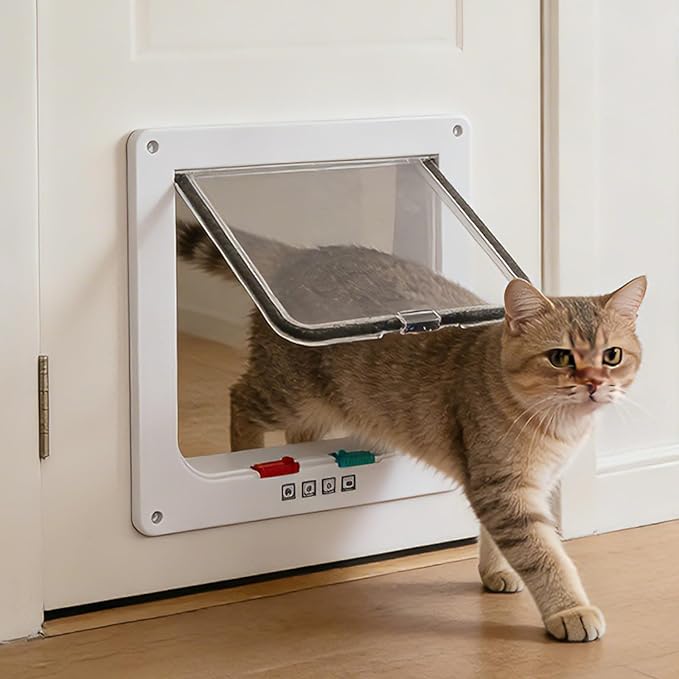 Cat Door for Interior and Exterior Doors with 4-Way Locking System - Pet Door for Cats and Small Dogs, Durable Transparent PVC Flap with Noise Reduction Seals-Viywicz