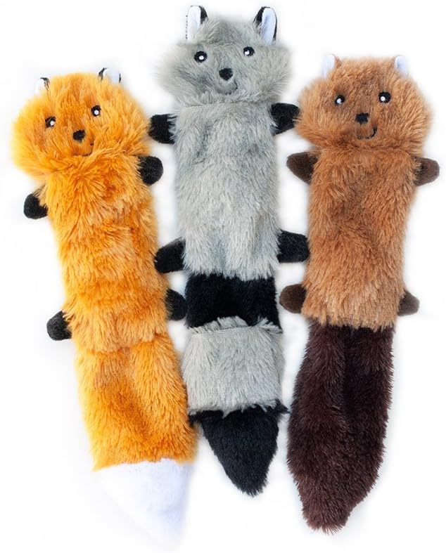 ZippyPaws Skinny Peltz - No Stuffing Dog Toy Pack to Keep Them Busy, for Small and Medium Dogs, Squeaky Pet Toys, Unstuffed Chew Toys, Soft Plush Variety Pack, Fox, Raccoon, and Squirrel - 11"