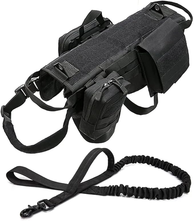 Tactical Dog Vest Harness Heavy Duty Dog Harness with 3 MOLLE Bags&1 Bungee Leash
