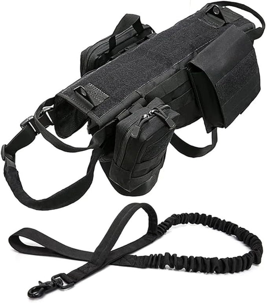 Tactical Dog Vest Harness Heavy Duty Dog Harness with 3 MOLLE Bags&1 Bungee Leash