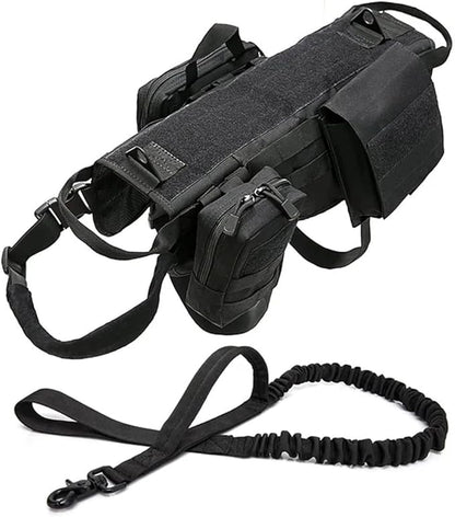Tactical Dog Vest Harness Heavy Duty Dog Harness with 3 MOLLE Bags&1 Bungee Leash