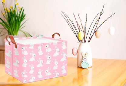 CLOCOR Rectangular Pink Easter Gift Basket Empty,Waterproof Easter Bunny Bakset for Egg Hunting(Pink Easter Bunny)