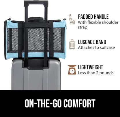GORILLA GRIP Cat Carrier Travel Bag Up to 15 Lbs, Soft Collapsible Small Dog Carriers, Top and Side Entry Breathable Mesh, Grip Feet on Underside, Cozy Washable Waterproof Pad, Portable Kennel, Blue