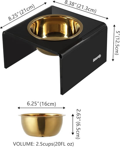 The LICKER Store DBL2002B Keaton 5" Small/Medium Modern Acrylic Rectangular Elevated Pet Feeder with 20oz 1-Stainless Steel Bowl, Black/Gold