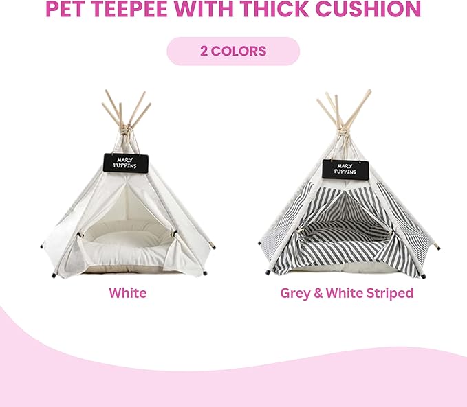 Pet Teepee Dog, Puppy and Cat Tents Tipi Bed Portable Houses with Thick Cushion for Pets Up to 33lbs, White