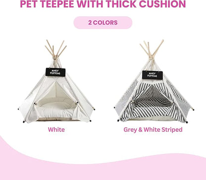 Pet Teepee Dog, Puppy and Cat Tents Tipi Bed Portable Houses with Thick Cushion for Pets Up to 33lbs, White