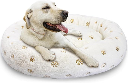 39 Inch Christmas Snowflakes Calming Dog Bed for Large Dogs, Round Anti-Anxiety Warm Bed, Soft Cozy Anti-Slip Donut Washable Pet Bed, Fits up to 100 lbs Pets