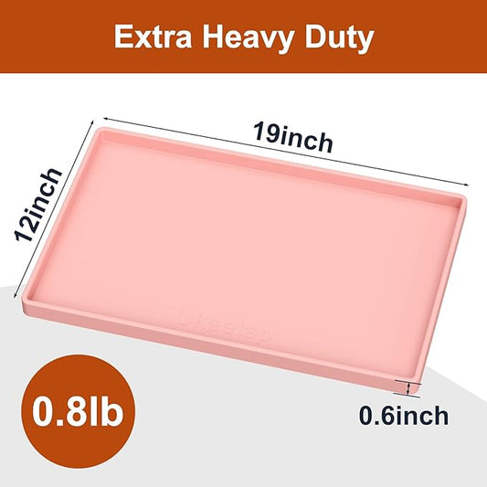 Extra Thick Silicone Mat Waterproof with Raised Edge 19” x 12”, BPA Free Non-Slip Dog & Cat Food Mat, Feeding Mat for Food and Water Bowls, Spill Proof Mat to Protect Floors, Pink