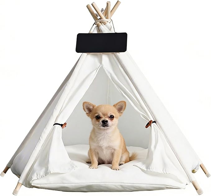Pet Tent/Tipi for Cats & Dogs - Washable Canvas, Foldable Pet Teepee with Anti-Slip Base & Detachable Cushion | Indoor/Outdoor Safe Shelter for Pets-White-L