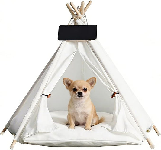Pet Tent/Tipi for Cats & Dogs - Washable Canvas, Foldable Pet Teepee with Anti-Slip Base & Detachable Cushion | Indoor/Outdoor Safe Shelter for Pets-White-L