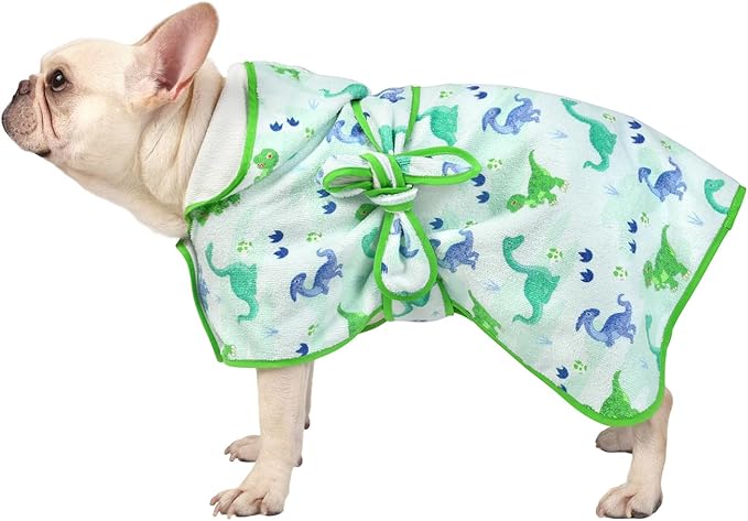 HDE Dog Bathrobe Super Absorbent Quick Drying Puppy Towel Wrap Coat Adjustable After Bath Robes with Hood for Dog Sizes S-XXL Cute Dinosaurs M