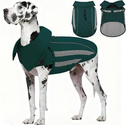 IECOii 4XL Winter Dog Coat - Adjustable Warm Fleece Jacket Reflective Cold Weather Coats Waterproof Dogs Vest for Barrel Chest Giant Breeds, Great Dane, Snow & Rain Walking, Skiing, Green, Sizes XXXXL