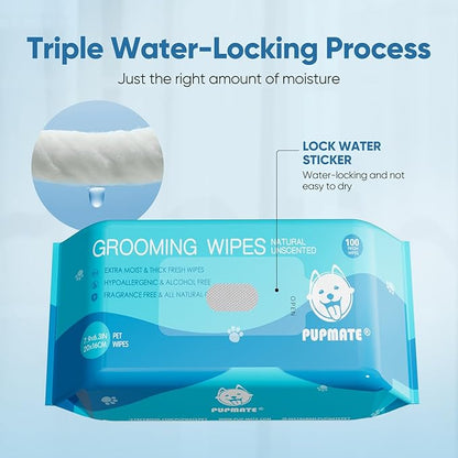 All Natural Pet Grooming Wipes, 100 Fresh Counts, Extra Moist & Thick, Natural Wipes for Dogs & Cats, Puppies & Kittens (Pack of 3)
