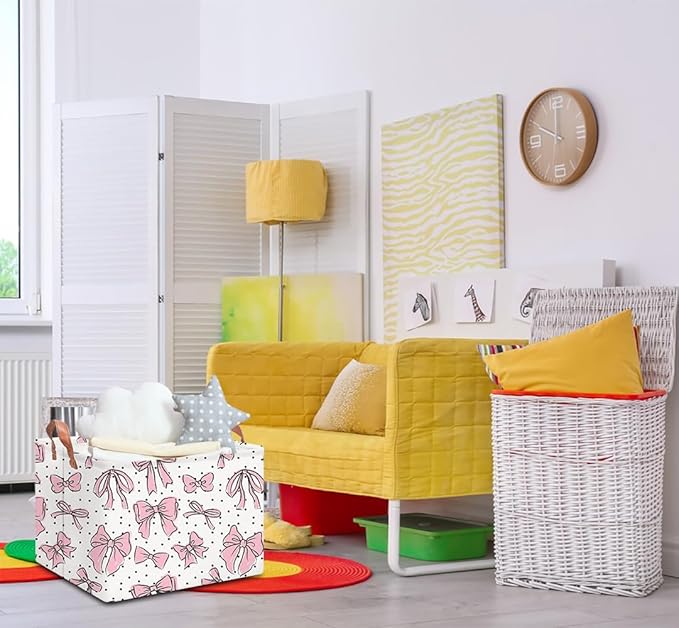 Rectangular Storage Basket Empty,Storage Bin with Handles,Room Decor,Gift Basket,Book Box(Hand-drawn Bowknot)