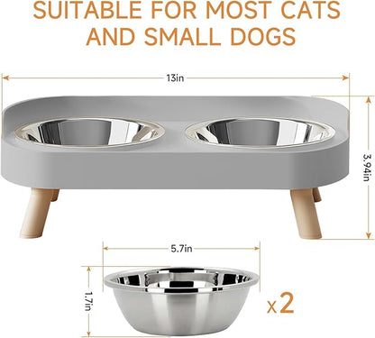 Elevated Cat Bowl, Raised Cat Food and Water Bowl Set for Indoor Cats, Splash Proof with 5 Stainless Steel Pet Food Bowls for Cats and Puppies, Whisker Fatigue and Dishwasher Safe - Grey
