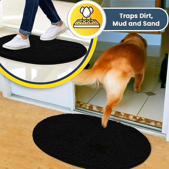Muddy Mat® Shown on TV – Super Absorbent Microfiber Dog Door Mat for Muddy Paws, Non-Slip Washable Pet Rug, Quick Dry Chenille Entryway Carpet,Machine Washable Indoor Outdoor Mat, Black Oval 6ft x 9ft