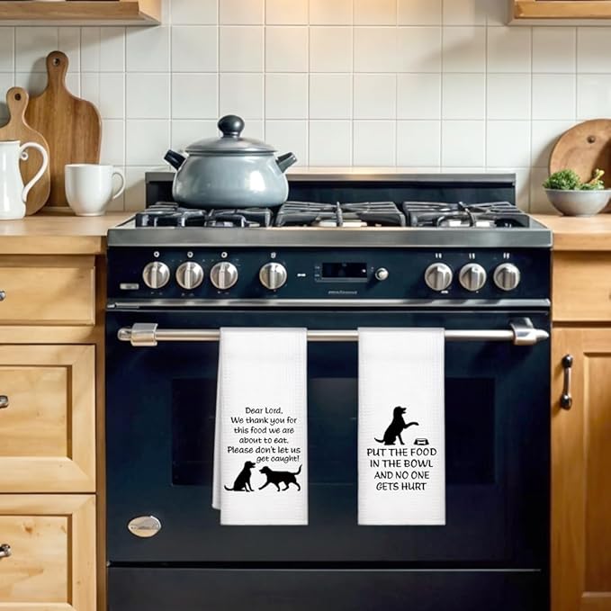 WUUCK00 2pcs Put The Food in The Bowl Funny Kitchen Towel, Cute Dog Mom Kitchen Decor Dish Tea Hand Towel, Housewarming Gifts for Pet Lover Dog Owners, Thanksgiving New Puppy Gifts for Family Friend