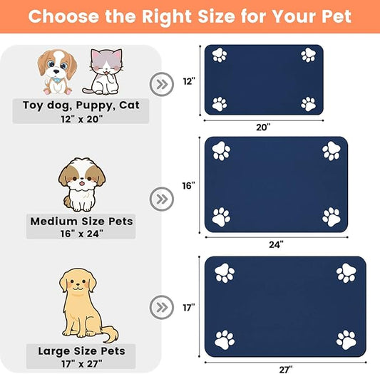 Pet Feeding Mat-Absorbent Pet Placemat for Food and Water Bowl, with Waterproof Rubber Backing, Quick Dry Water Dispenser Mat for Dog and Cat (20"x12", Navy Blue)