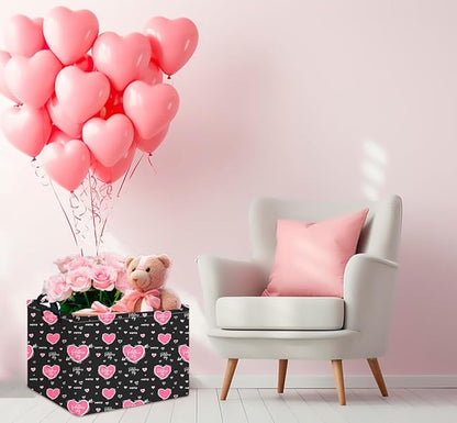 CLOCOR Rectangular Black Heart Gift Basket for Valentines' Day, Collapsible Cute Pattern Storage Bin,Waterproof Books Box with Handles,Gift Basket(Happy Valentine)