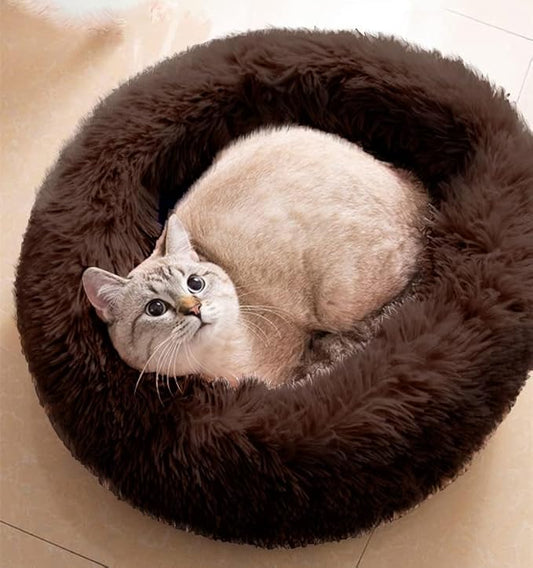 Cat Beds for Indoor Cats - Cat Bed Washable 20/24 inches, Dog Beds for Small Medium Dogs, Anti Anxiety Round Fluffy Plush Faux Fur Pet Bed, Thick Bottom (Coffee, Medium)