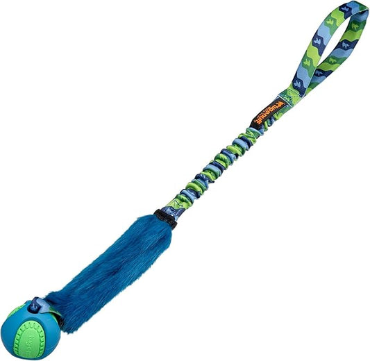 Tug-E-Nuff Fauxtastic PowerBall Bungee, Durable, Faux-Fur Fetch & Tug of War Dog Toy with Rubber Ball, Interactive Dog Tug Toys for Training Small, Medium, Large Dogs, 25 in, Green Pattern