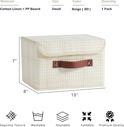 Storage Boxes with Lid 3D Textured Fabric Storage Bins Organizer Containers Decorative Collapsible Washable Shelf Baskets Faux Leather Handles for Home Bedroom Closet (Beige, Small Size)