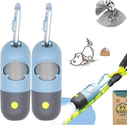 Dog Poop Waste Bags Holder with LED Flashlight|Cute Doggie Poo Bags Dispenser for Pet Leash|Trash Waste Bags Carrier with Potty Bags Clip Fastener LR44 Button Cells Included(2 Pack) (Sky Blue)
