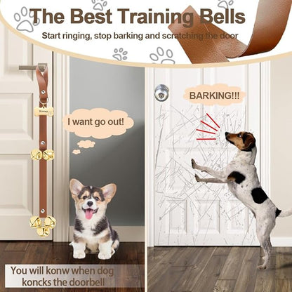 Leather Dog Bells, Puppy Potty Training Bell Dog Doorbell Potty Train Dog Bell for Potty Training Door Bells for Dogs to Ring to Go Outside Jingle Bells (Leather Brown, Bone New 1 PCS)