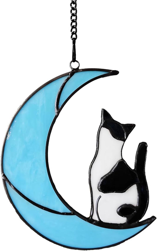 Black and White Tuxedo Cat Memorial Gifts - Handmade Stained Glass Suncatcher Window Hanging, Cat Loss Sympathy Gift for Owners
