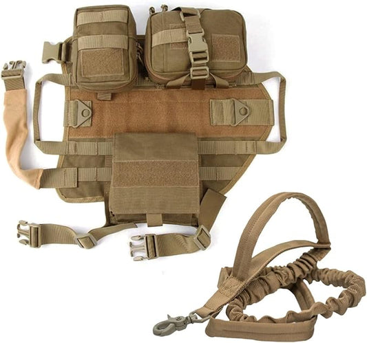 AZB Tactical Dog Vest Harness Heavy Duty Dog Harness with 3 MOLLE Bags&1 Bungee Dog Leash, Medium, Khaki
