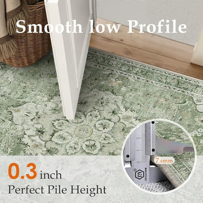 Green Runner Rug 2x6 Washable Vintage Long Carpet Low Pile Traditional Distressed Retro Accent Indoor Hallway Throw Rug Non Slip for Kitchen Laundry Bathroom Dining Room