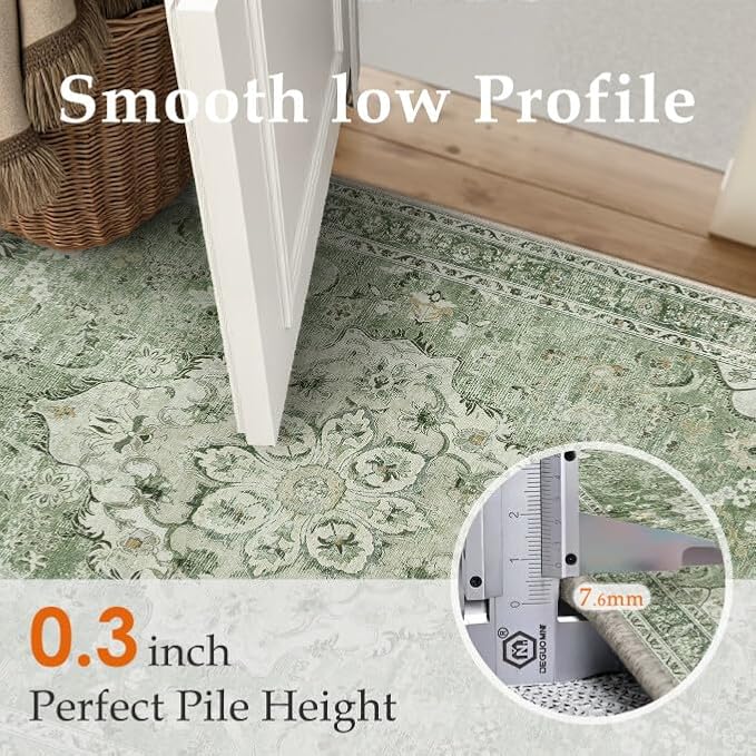 Green Runner Rug 2x8 Washable Vintage Long Carpet Low Pile Traditional Distressed Retro Accent Indoor Hallway Throw Rug Non Slip for Kitchen Laundry Bathroom Dining Room