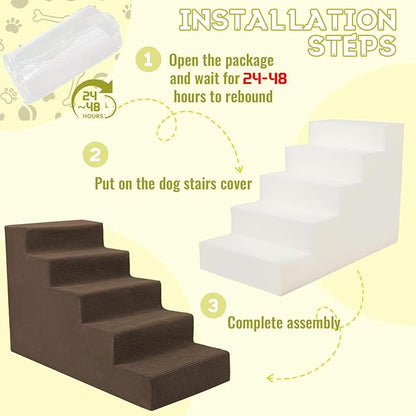 Niubya Dog Stairs for Small Dog and Cats,23”H Non-Slip Bottom Pet Steps for High Beds and Couch,High-Density Foam Pet Stairs Brown,5 Steps