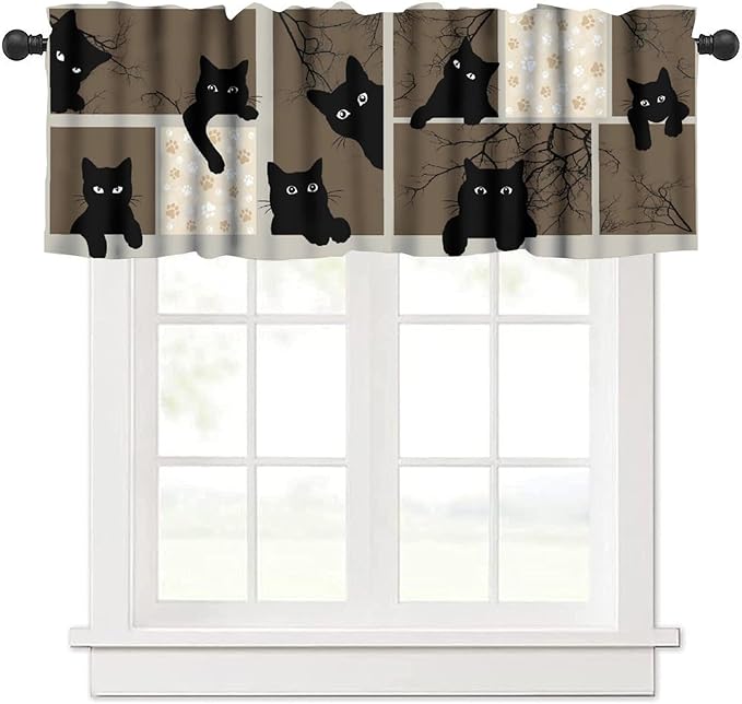 Cat Valances Curtain for Kitchen, Funny Black Cat Branches Brown Pattern Window Treatment Valances Short Curtains Rod Pocket Drape for Dining Room Home Farmhouse Decor, 54x18inch
