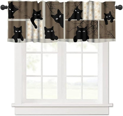 Cat Valances Curtain for Kitchen, Funny Black Cat Branches Brown Pattern Window Treatment Valances Short Curtains Rod Pocket Drape for Dining Room Home Farmhouse Decor, 54x18inch